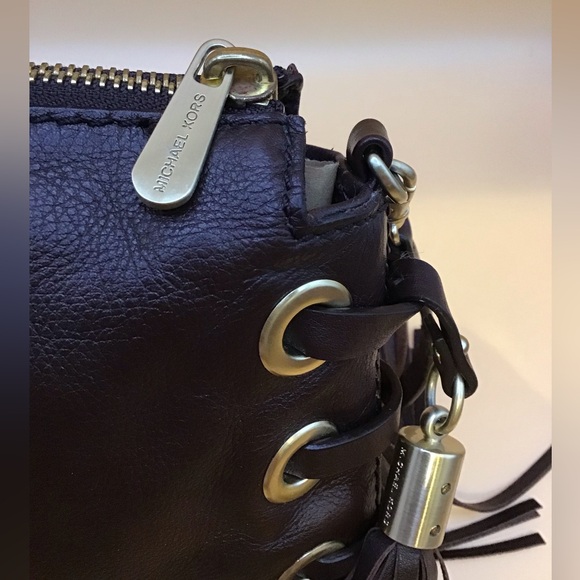 MICHAEL KORS DARK EXPRESSO BROWN  SOFT LEATHER CLUTCH WITH 2 TASSEL WEAVE BOTTOM - Picture 7 of 14